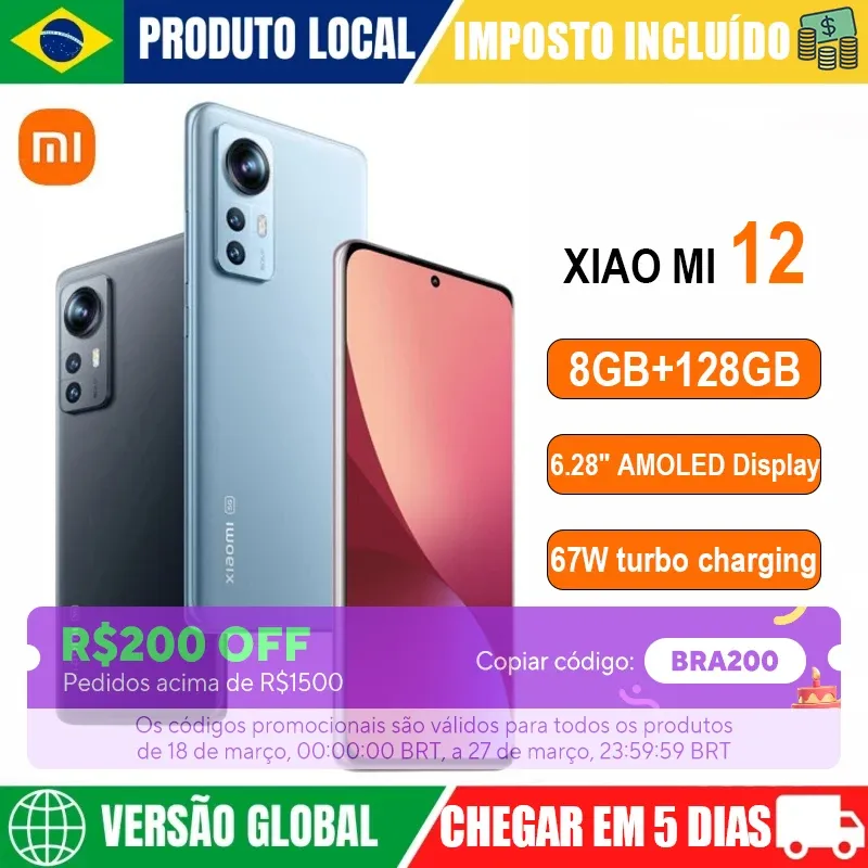 [Do Brasil]Smartphone Xiaomi Mi 12 8GB RAM 128GB 5G Snapdragon® 8 Gen 1