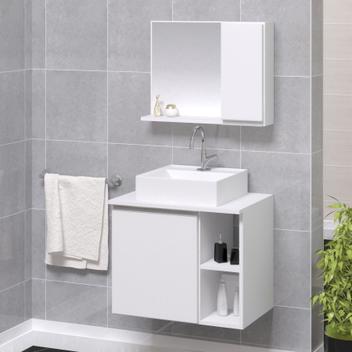 Gabinete Armario Banheiro Virtus 60cm + Cuba Soprepor + Espelheira Branco Inteiro