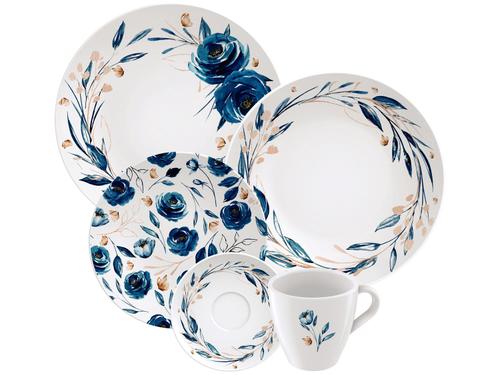 Aparelho de Jantar e Chá Porcelana Azul Redondo Ana Flor 20 Peças -Tramontina