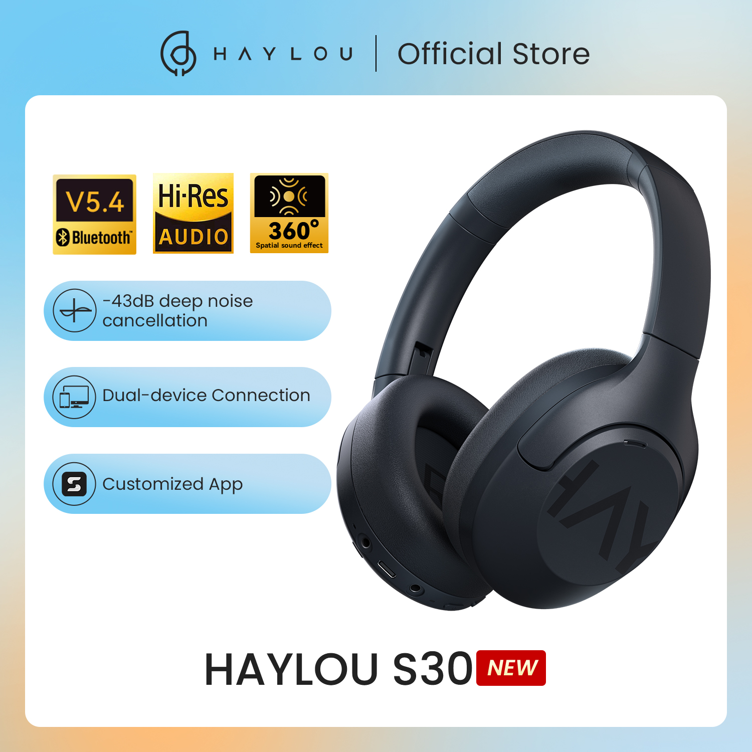 Fones de ouvido HAYLOU S30 sem fio com Bluetooth 5.4 Fones de ouvido com cancelamento de ruído adaptável de 43 dB e driver de 40 mm