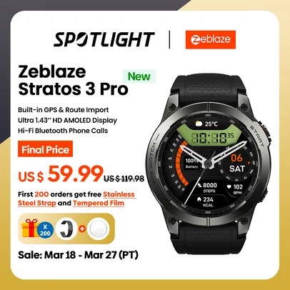 [Taxa Inclusa] Relógio Inteligente Zeblaze Stratos 3 Pro com GPS, display AMOLED