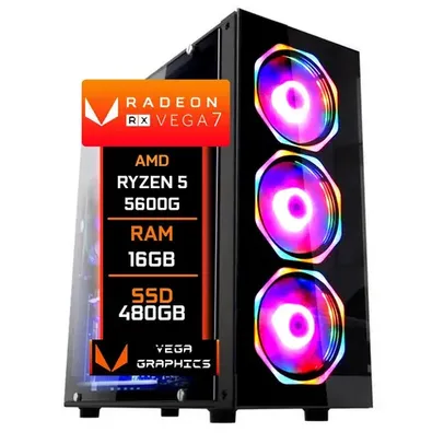 PC Gamer Fácil AMD Ryzen 5 5600g Radeon Vega 7 Graphics, 16GB DDR4 3000mhz, SSD 480GB, Fonte 500W, Windows - Preto