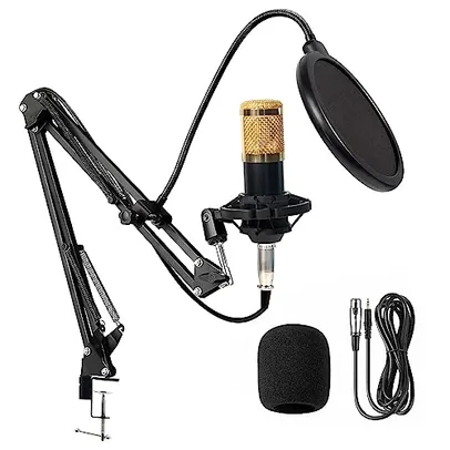 Microfone Condensador, Kit Microfone Condensador com Braço Articulado e Pop Filter para Transmissão Ao Vivo, Podcast, Gravação de Audio