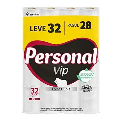 (Prime/ Compre 2) Personal Papel Higiênico VIP Folha Dupla Leve 32 Pague 28 rolos de 30M