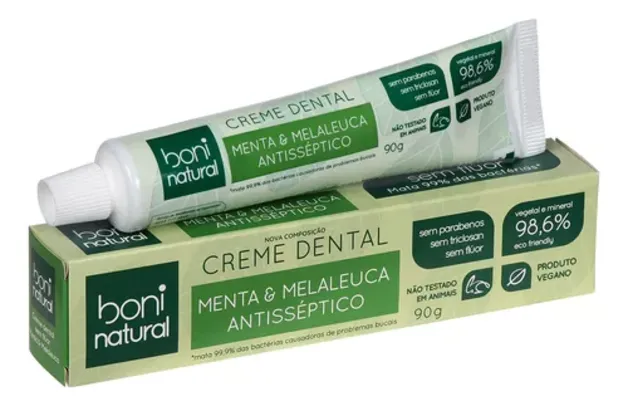 Pasta de Dente 90gr Sabor Menta e Melaleuca Creme Dental Sem Flúor e Antisséptico Boni Natural