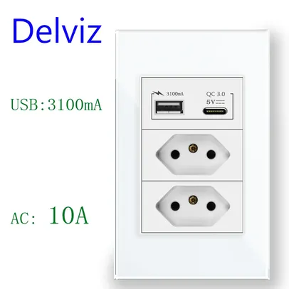 [APP/Taxa Inclusa] Conjunto 2 tomadas 10A + 2 Portas USB, Painel de Vidro - Delviz
