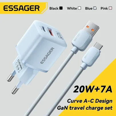 [APP/Taxa Inclusa] Carregador GaN Essager 20w 2 Portas + Cabo USB-C