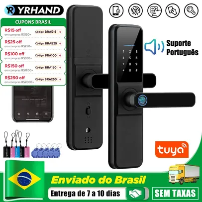 [No Brasil] Fechadura Eletrônica Smart YRHAND H01 Tuya Wifi, à prova d'água com desbloqueio Impressão digital, Cartão, Senha, App e Chave