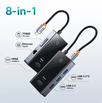 [CONTA NOVA] Hub Baseus USB C 8 em 1 para MacBook e Laptops, 4K 60Hz, HDMI, 2 USB 3.0, USB-C, USB 2.0, Porta Internet, SD