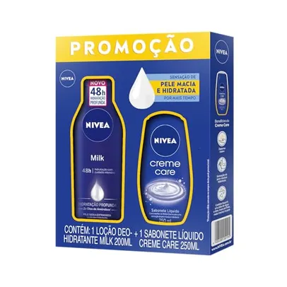 [+Por- R$12] NIVEA Loção Hidratante Milk Pele Seca a Extrasseca 200ml + Sabonete Líquido Care 250