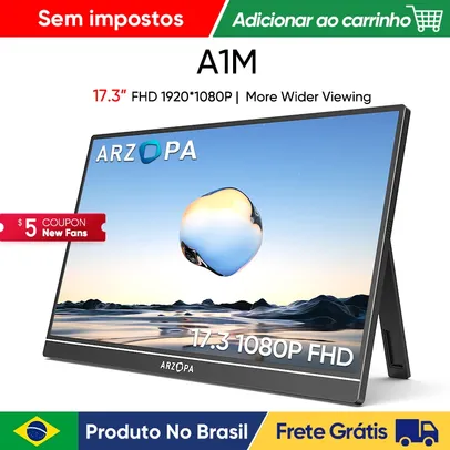 [No brasil] Novo ARZOPA 15.6 inch FHD Monitor Portátil 1080P Tela IPS de Exibição Externa com USB C mini porta HDMI