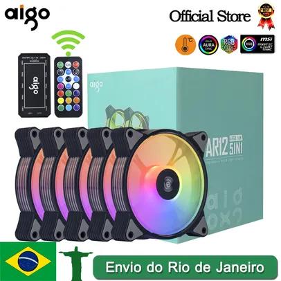 [Taxa Inclusa/Moedas] Kit 5 Fans Aigo AR12 ARGB + Controladora e Controle Remoto
