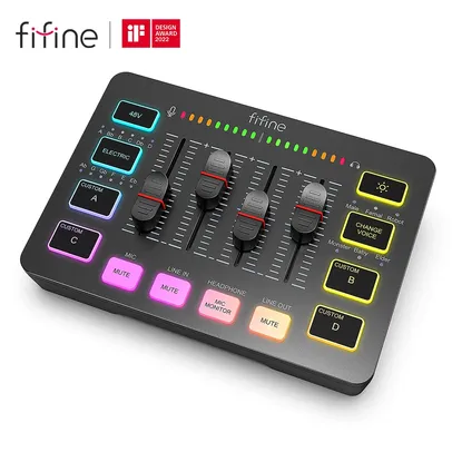 [Taxa inclusa] Mixer de áudio Fifine Ampligame SC3 com 4 canais, entrada Microfone XLR, USB, Efeito de Voz, RGB - Para Stream, Podcast