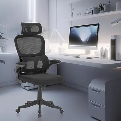 Cadeira de escritório, design ergonômico com suporte lombar independente, malha respirável e encosto de cabeça ajustável（Preto)
