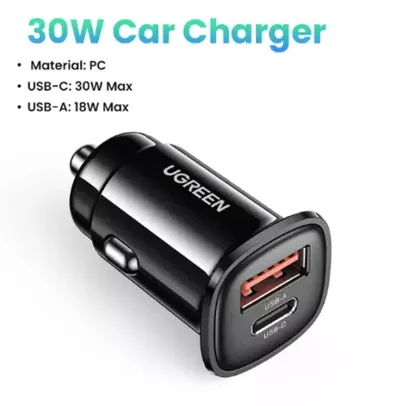 [Taxa inclusa] Carregador Veicular Ugreen 30W Quick Charge com Duas Saídas - USB e USB C
