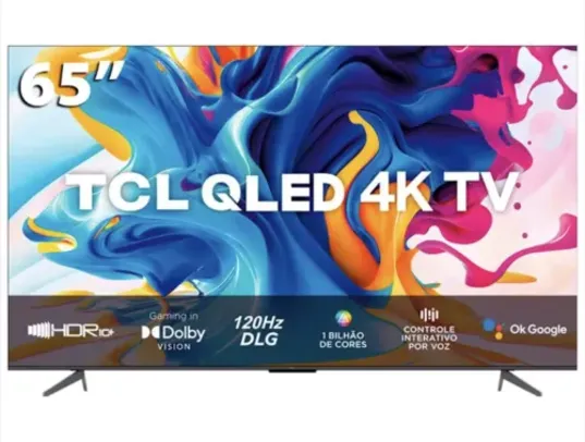 Smart TV QLED 65" 4K UHD TCL C645 Google TV, Dolby Vision Atmos, DTS, HDR10+, WiFi Dual Band, Bluetooth Integrado e Google Assistente