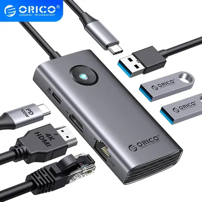 HUB USB Tipo C ORICO 6 em 1 - HDMI 4K, 3x USB 3.0 , RJ45 Gigabit, PD 100W