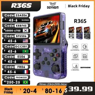 [Taxa inclusa] R36S Open Source Retro Handheld Video Game Console Linux Sistema 3,5 polegadas IPS tela portátil Pocket Video Player 64GB Jogos