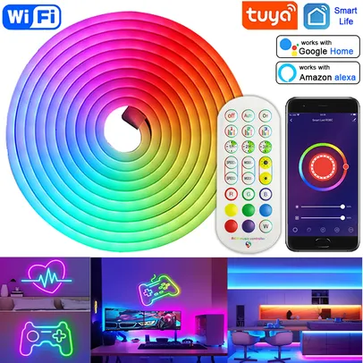 [Já Com Impostos] RGB Flexível LED Neon Strip Light, Tuya Smart Life, DC 12V, Fita LED para Casa