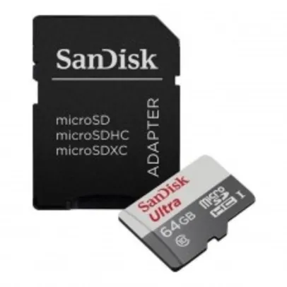 Cartão De Memória SanDisk Ultra MicroSDHC UHS-I, 64GB, 100MBs, Class 10, Com Adaptador, SDSQUNR-064G-GN3MA