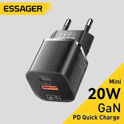 [Taxa inclusa] Carregador Essager 20W GaN com duas saídas Tipo C e USB - QC 3.0, PD 3.0