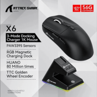[ Taxa Inclusa ] Mouse Attack Shark X6 Sensor PMW3395 3 Modos Com Fio, 2.4G, BT5.2, Até 26K DPI, RGB Backlight, Base de Carregamento