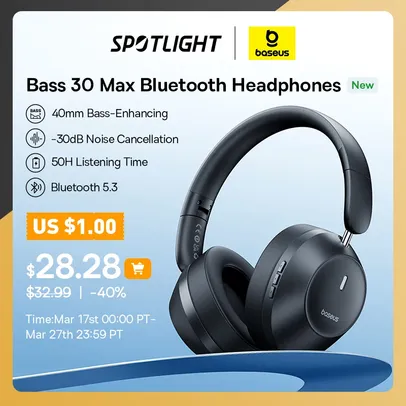 Baseus-Bass 30 Max auscultadores sem fios, Bluetooth 5.3-30dB cancelamento de ruído sobre auscultadores