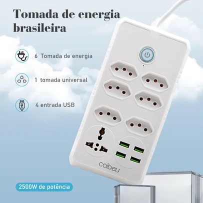 [BR/ MOEDAS] Extensão de Energia Multitap para Casa, 6 Canais, 4Portas USB, Cabo de Alimen