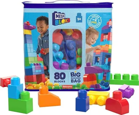 MEGA BLOKS, Kit com Sacola Azul e 80 Blocos de Montar, Brinquedo de Construção, Pré-escola, A partir de 1 ano
