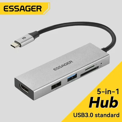 [Taxa inclusa/moedas] HUB Essager 5 em 1 em Metal - Saída HDMI 4K, Leitor de Cartão de Memória e USB