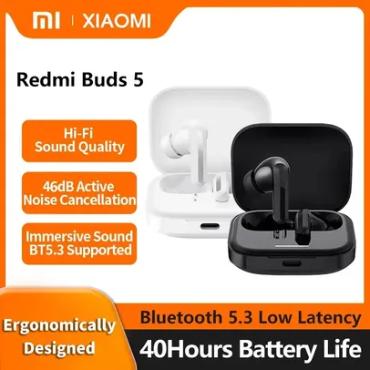 [Taxa inclusa] Fone de ouvido Xiaomi Redmi Buds 5 com Cancelamento Ativo de Ruído -46dB, Bateria 40H, Bluetooth 5.3