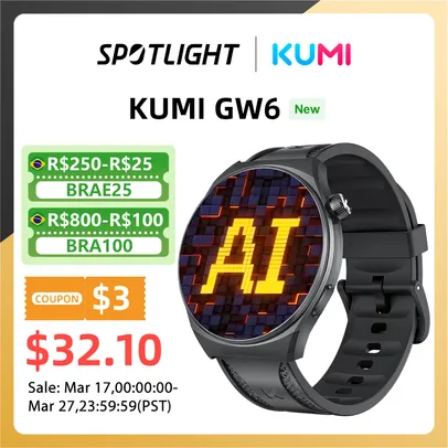 [Taxa Inclusa] Smartwatch KUMI GW6 Relógio Inteligente, 1,43 "Tela AMOLED, IP68 À Prova D 'Água