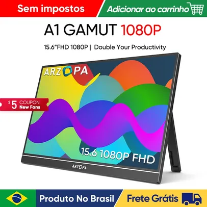 [Produto no Brasil] NOVO ARZOPA 15.6 Monitor Portátil FHD 1080P IPS USB C Mini HDMI Segunda Tela Externa