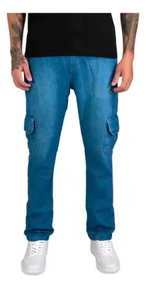 Calça Cargo Masculina Sarja Brim Jeans Slim Bolso Lateral