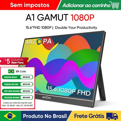 [ Do Brasil ] Novo Arzopa 15.6 ”FHD 1080P Monitor Portátil com HDMI USB IPS