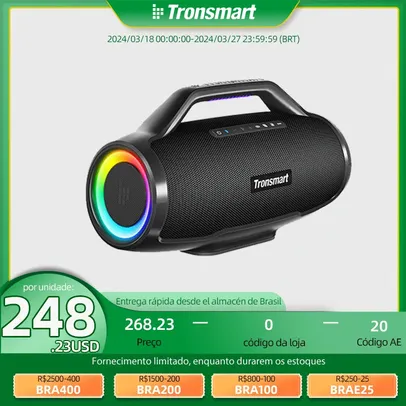 [ Do Brasil ] Caixa de Som Bluetooth Tronsmart Bang Max 130W Bluetooth 5.3 Surround 360º Led RGB Equalização via APP, Suporta 2 Microfones e Guitarra