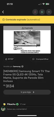 [MEMBERS] Samsung Smart TV TheFrame 55 QLED 4K 120Hz, Tela Matte, Suporte de Parede SlimIncluso