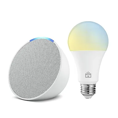COMBO - Echo Pop | Smart speaker compacto com som envolvente e Alexa | Cor Branca + Lâmpada Positivo 9W