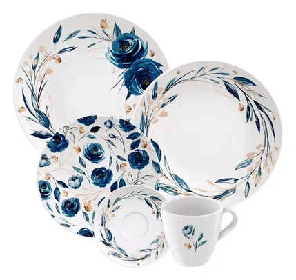 Aparelho De Jantar Com 20 Peças Em Porcelana Decorada Ana Flor Branco Com Detalhes Azul e Dourado Tramontina