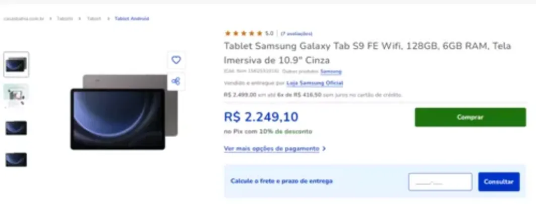 Tablet Samsung Galaxy Tab S9 FE Wifi, 128GB, 6GB RAM, Tela Imersiva de 10.9" Cinza