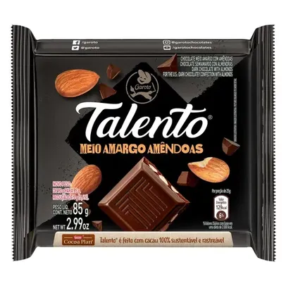 Chocolate Meio Amargo com Amêndoas Garoto Talento Pacote 85g (Leve 3)