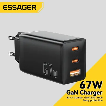 [APP/Taxa Inclusa] Carregador Essager [67W] Gan Fast Charger 3 Portas USB 3.0 Carregamento Rápido, QC 4.0, PD