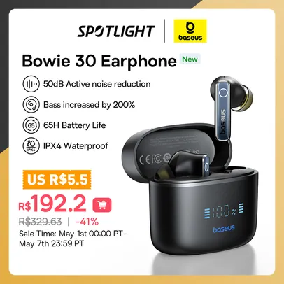 [TAXAS INCLUSAS] Fone Baseus Bowie 30, Bluetooth 5.3, ANC, 50dB Redução ruído, super bass, 65h play, 6 microfone