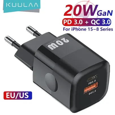 [Taxa inclusa/Moedas] Carregador KUULAA 20W GaN com duas saídas, USB C e USB - QC 3.0, PD 3.0
