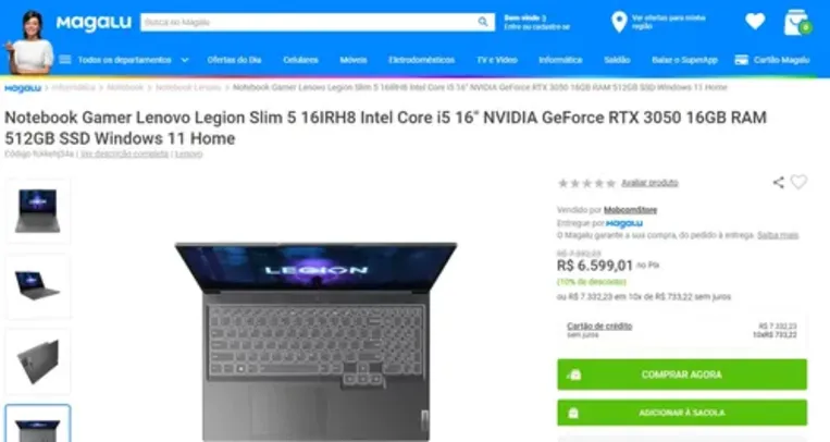 Notebook Gamer Lenovo Legion Slim 5 16IRH8 Intel Core i5 16" NVIDIA GeForce RTX 3050 16GB RAM 512GB SSD Windows 11 Home