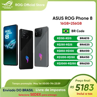 Smartphone ASUS ROG Phone 8 com Snapdragon 8, 5G, Tela de 6,78" com 165Hz e NFC