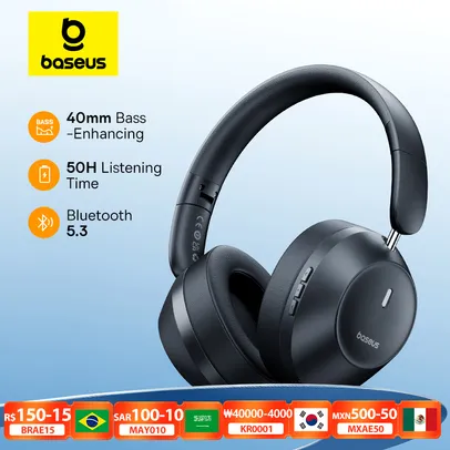 Headphone Baseus Bass 30 Max, fones de ouvido sem fio, Bluetooth 5.3, 40mm, diafragma