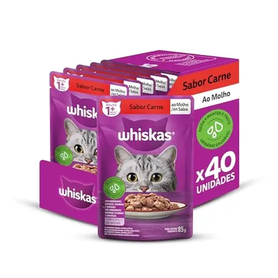 [APP] Pack de Ração Úmida Whiskas Sachê Carne ao Molho para Gatos Adultos, 40 sachês de 85 g