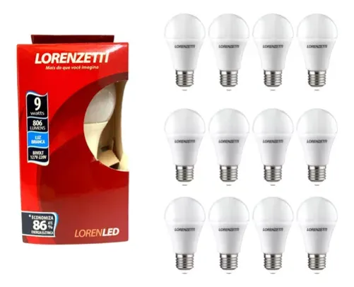 (R$ 1,87 cada) Kit 12 Lampadas Led Bulbo 9w Branca Fria E27 Casa Comercio Lorenzetti