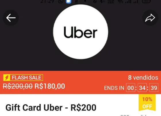 (pix) Giftcard uber de 200 por 180